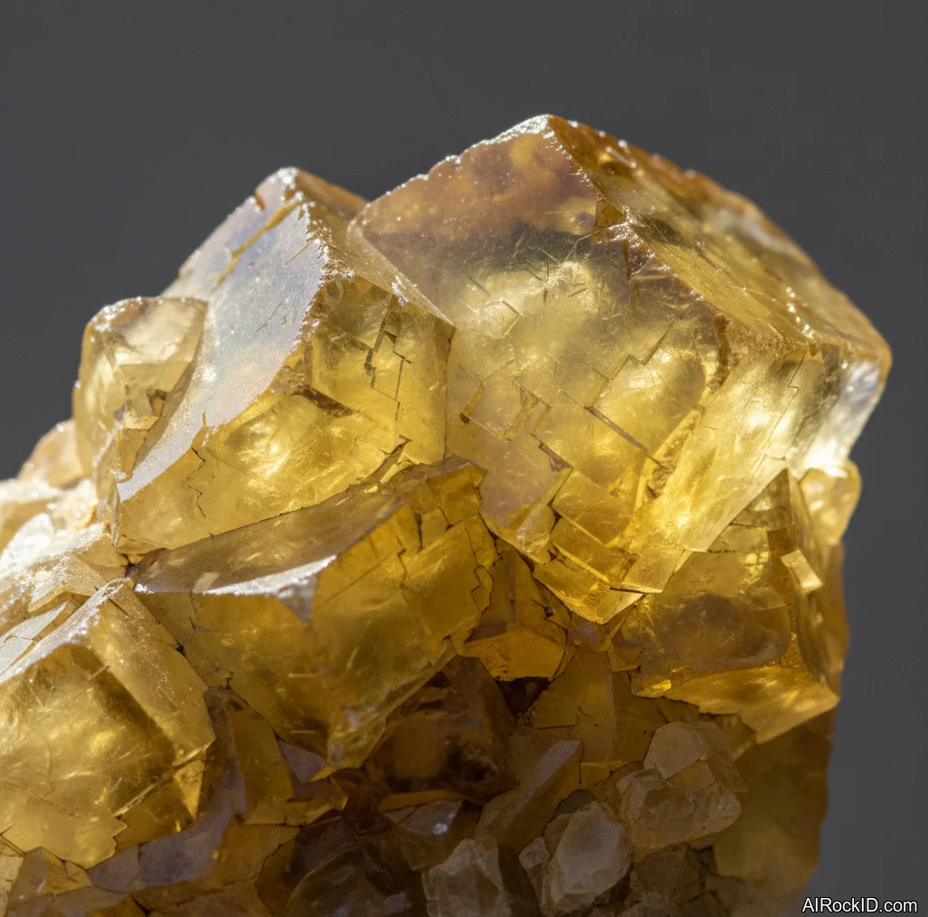 Close-up of a translucent yellow fluorite cube with glossy cleavage faces and pale honey zoning