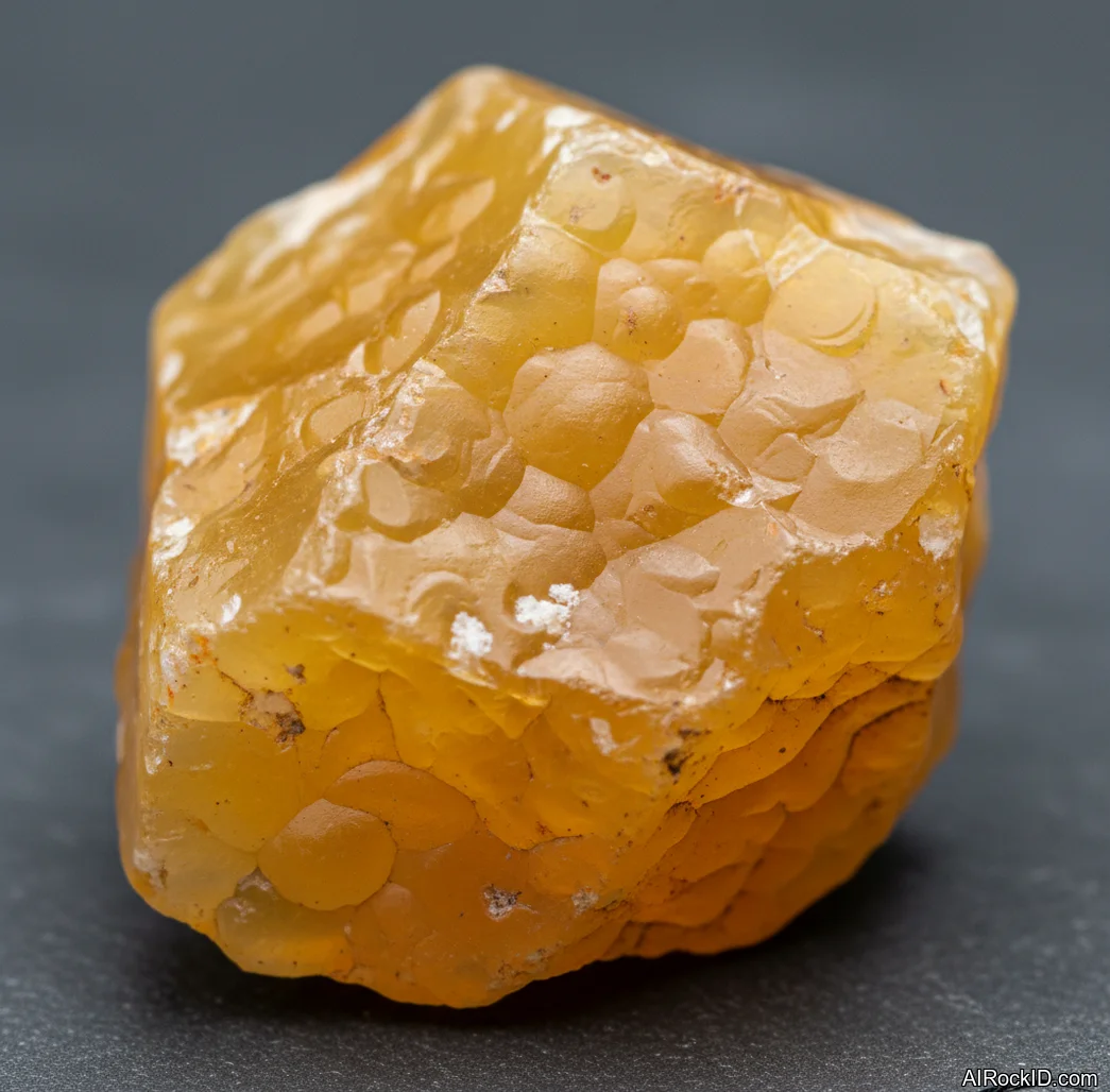Close-up of a polished yellow opal cabochon with honey-yellow body color and soft waxy luster
