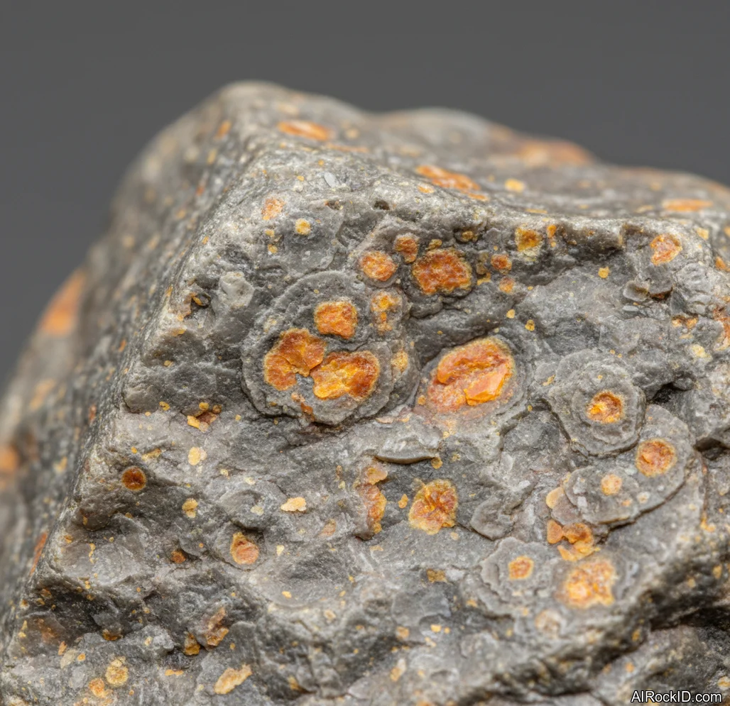 Close-up of a gray yooperlite stone with orange fluorescent patches under UV light