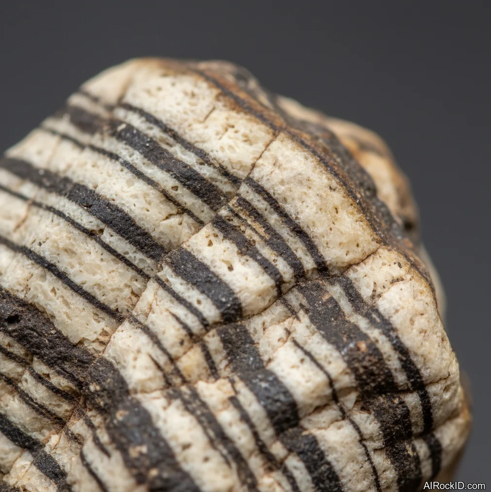 Close-up of polished Zebra Jasper showing black and cream bands with a waxy chalcedony shine