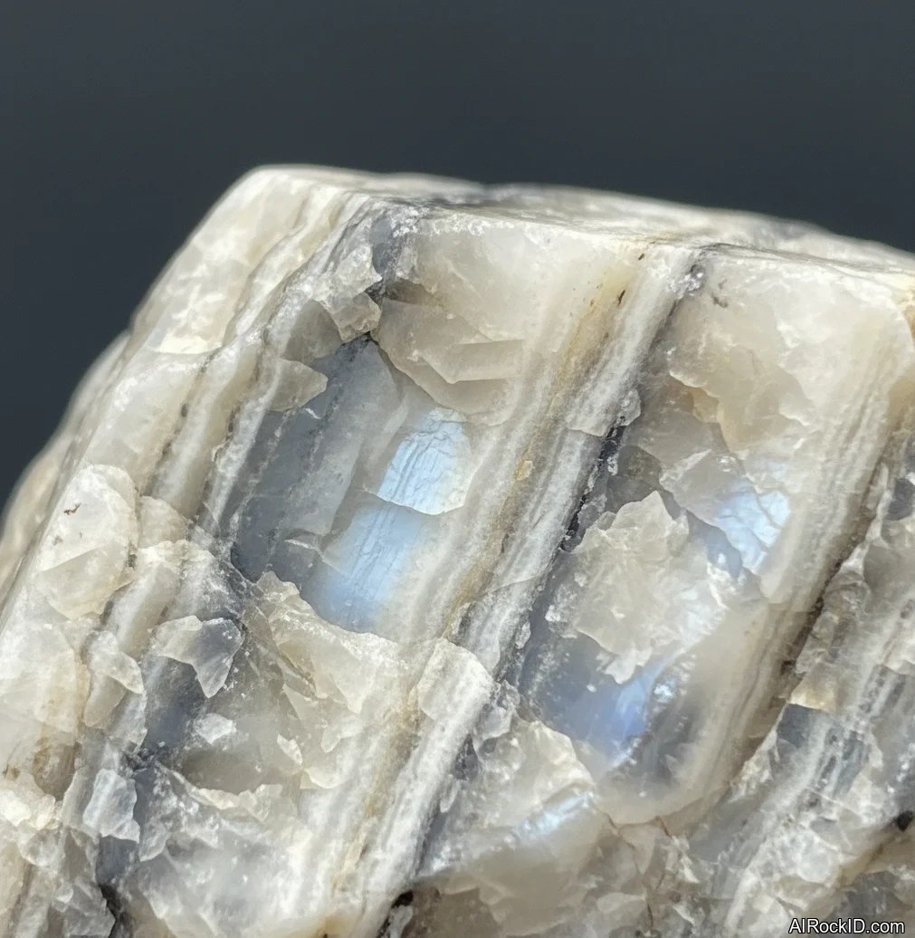 Close-up of polished Zebra Moonstone with black and white banding and a soft moonstone sheen across the surface