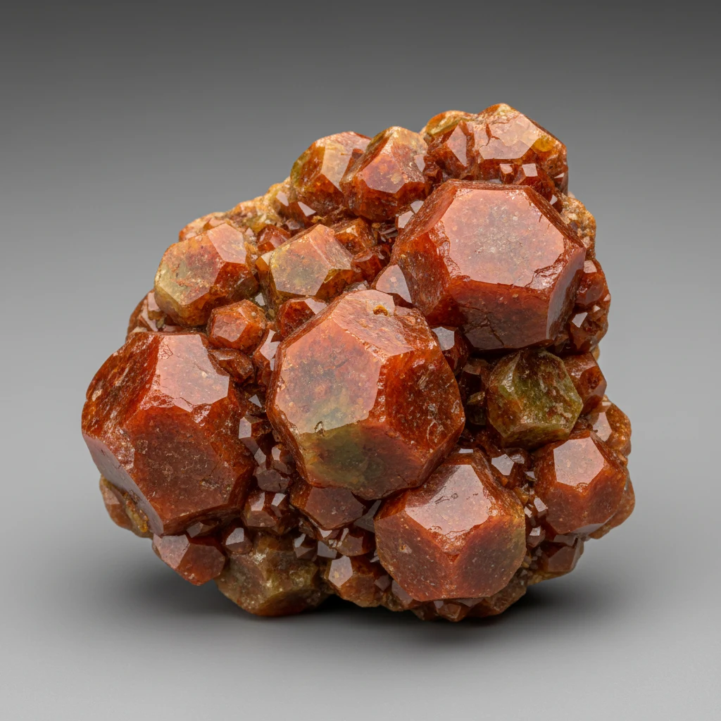Bright orange-red hexagonal zincite crystals with adamantine luster on a dark display background