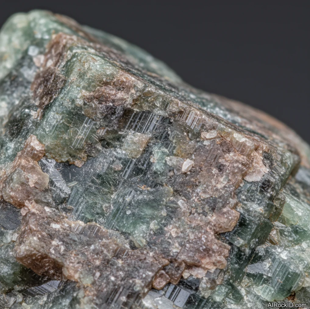 Close-up of green zoisite crystal with vitreous luster and cleavage faces reflecting light