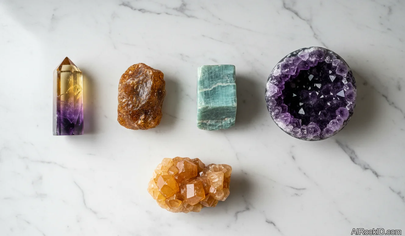 A small spread of tumbled amber, amazonite, black-banded onyx, and ametrine on a wooden desk beside coins and a notebook