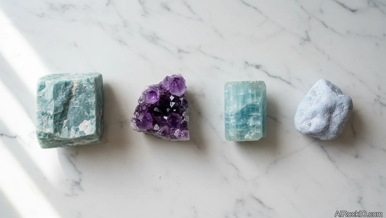 Assorted Aquarius-aligned crystals including amazonite, amethyst, aquamarine, and apatite on a neutral background