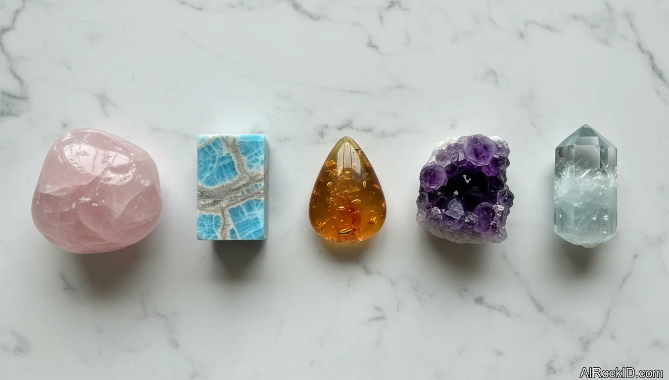 Assorted pink, green, and golden crystals laid on a wooden table with a small notebook and a candle