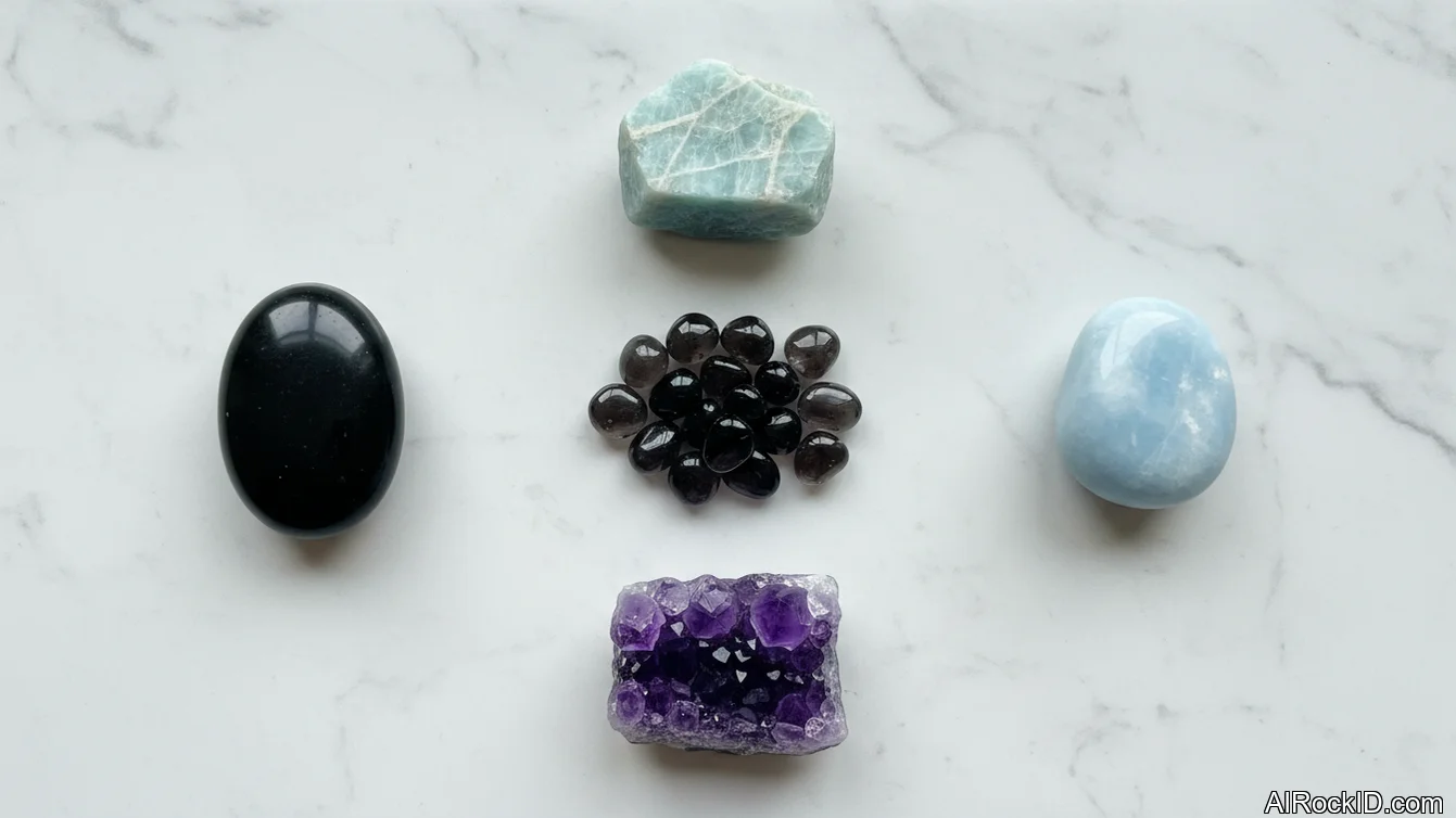 Hand holding a small set of tumbled stones for breakup support, including amethyst, amazonite, and black onyx on a wooden table