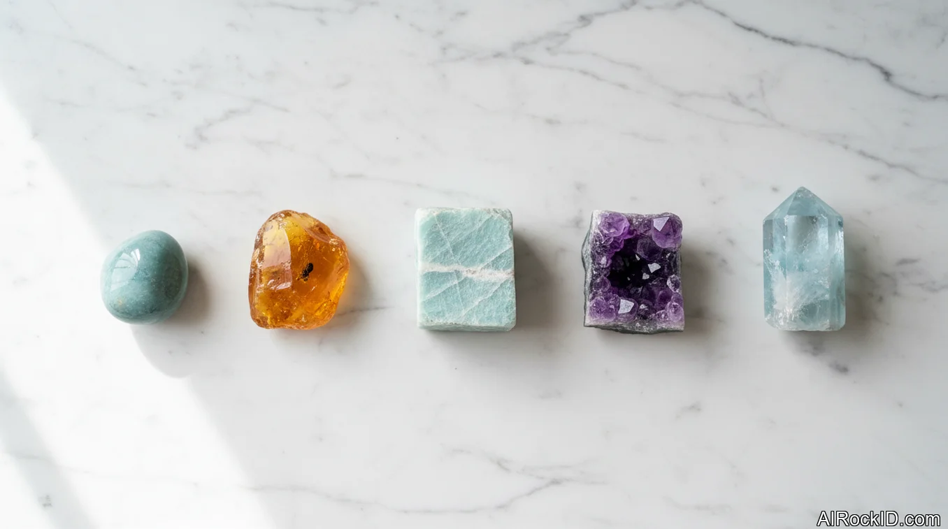 assortment of polished and raw business-focused crystals on a desk beside a notebook and laptop