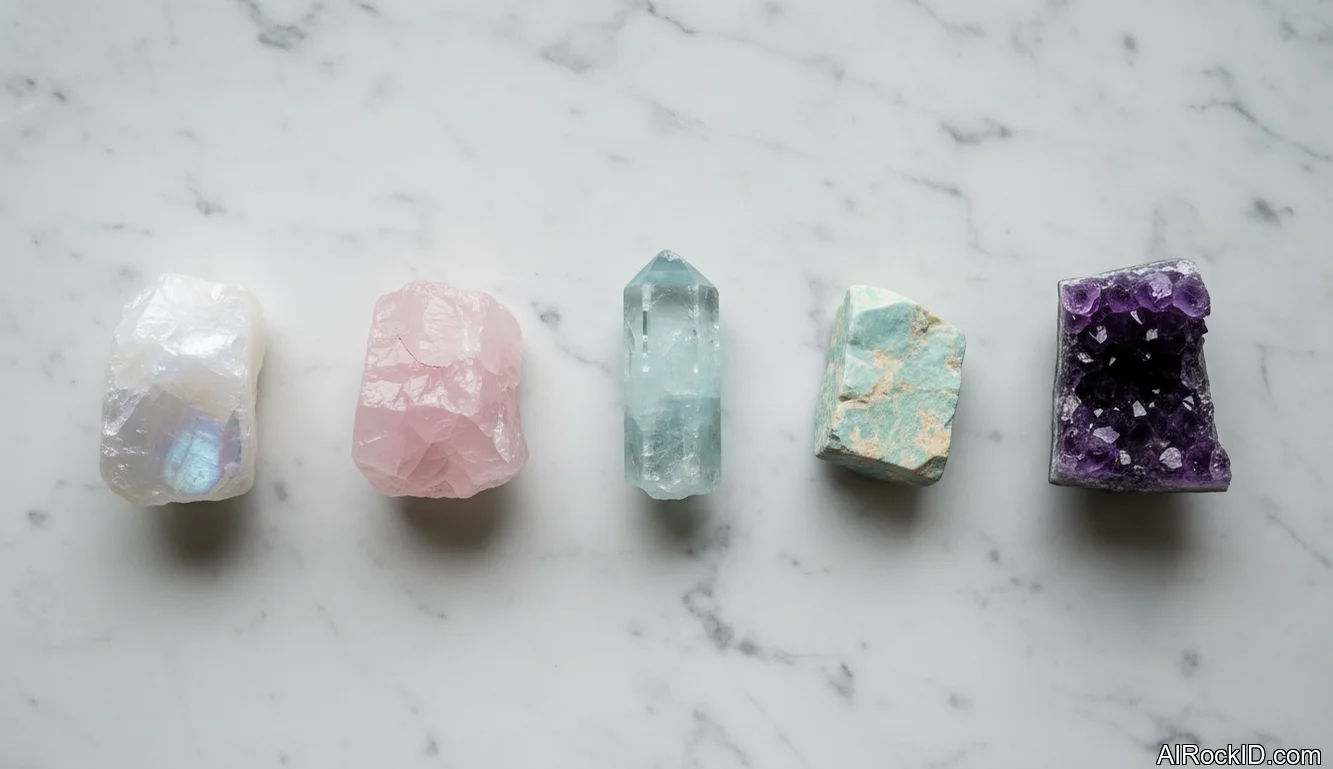 Small collection of moonstone, rose quartz, amazonite, and aquamarine on a neutral cloth with soft natural light