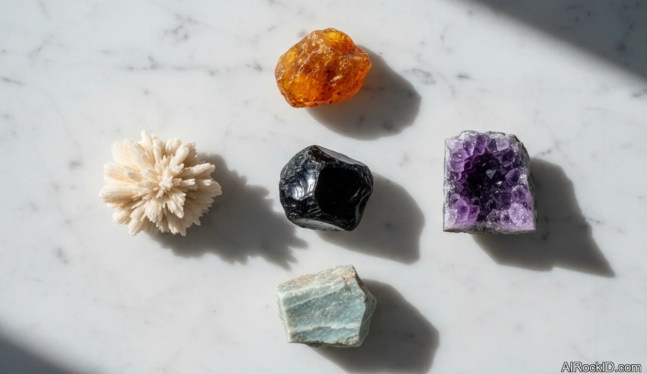 A small lineup of grounding stones for Capricorn including black onyx, aragonite, amber, and amethyst on a wooden tray
