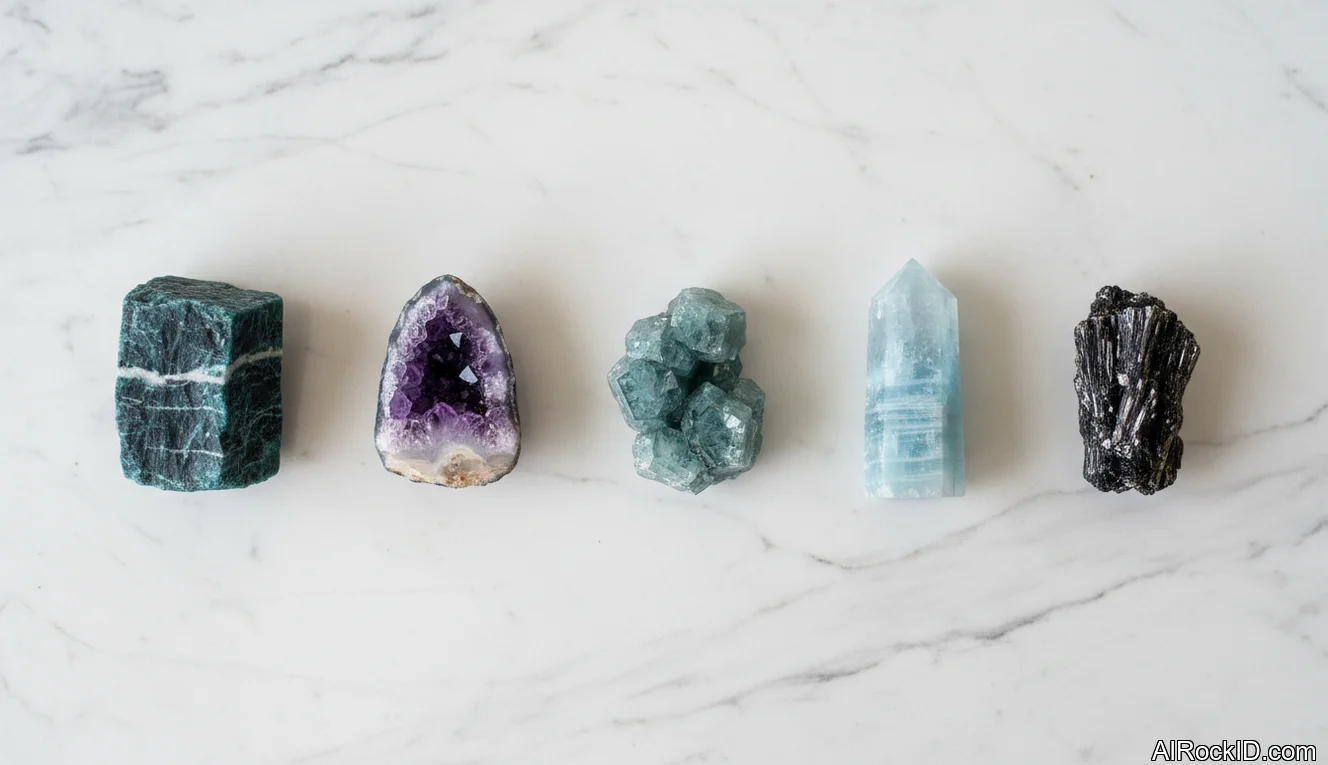 A small lineup of tumbled and raw crystals on a desk beside a notebook, pen, and laptop for career-focused crystal work