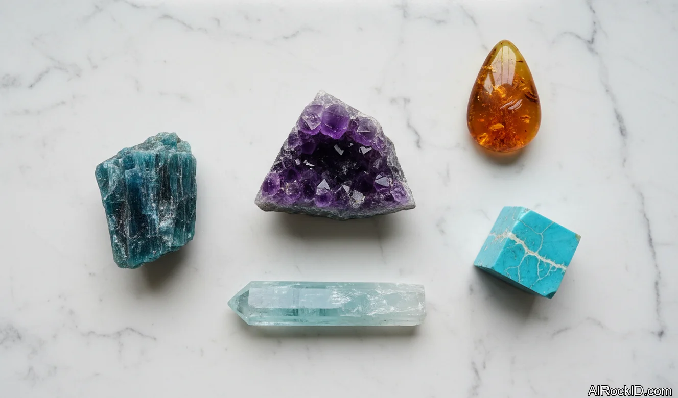 Hand holding a small set of tumbled chakra stones and one raw amethyst point on a wooden table