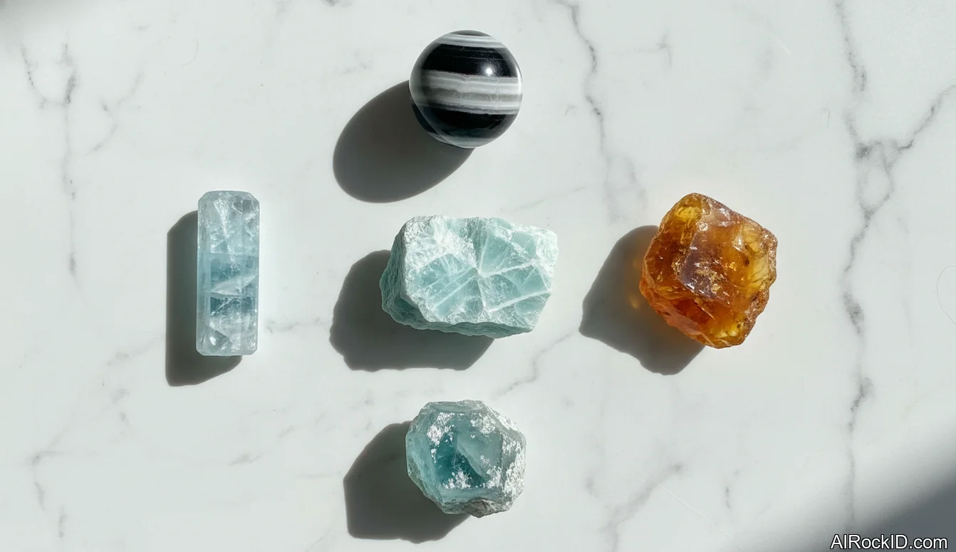 A small lineup of tumbled stones and a raw crystal on a wooden desk, arranged for a confidence-focused crystal guide