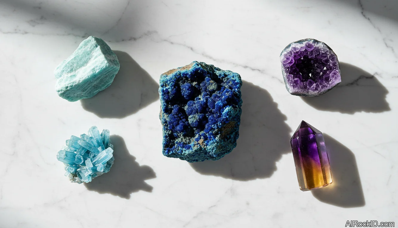 Assorted rough and tumbled crystals for creativity laid on a sketchbook beside pencils and a notebook