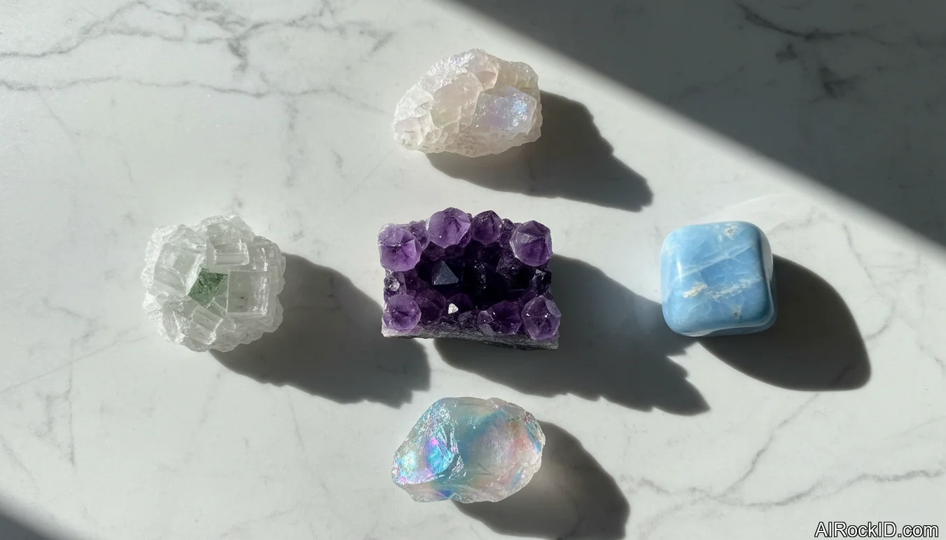 Group of crown chakra crystals including amethyst point, clear aura quartz, apophyllite cluster, and angelite palm stone on a neutral cloth