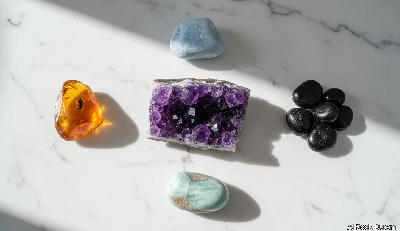 Hand holding a small set of tumbled stones and a raw amethyst point on a wooden table in soft indoor light