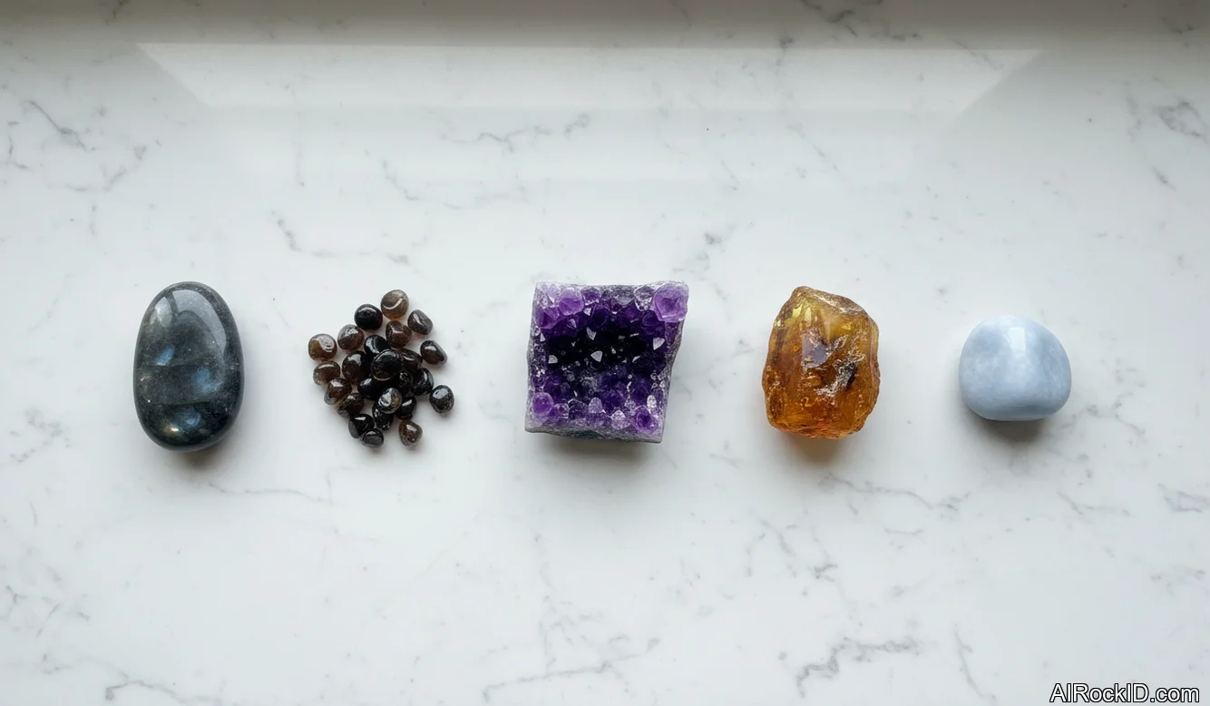Small collection of amethyst, black moonstone, amber, angelite, apophyllite, and amazonite on a bedside table beside a journal