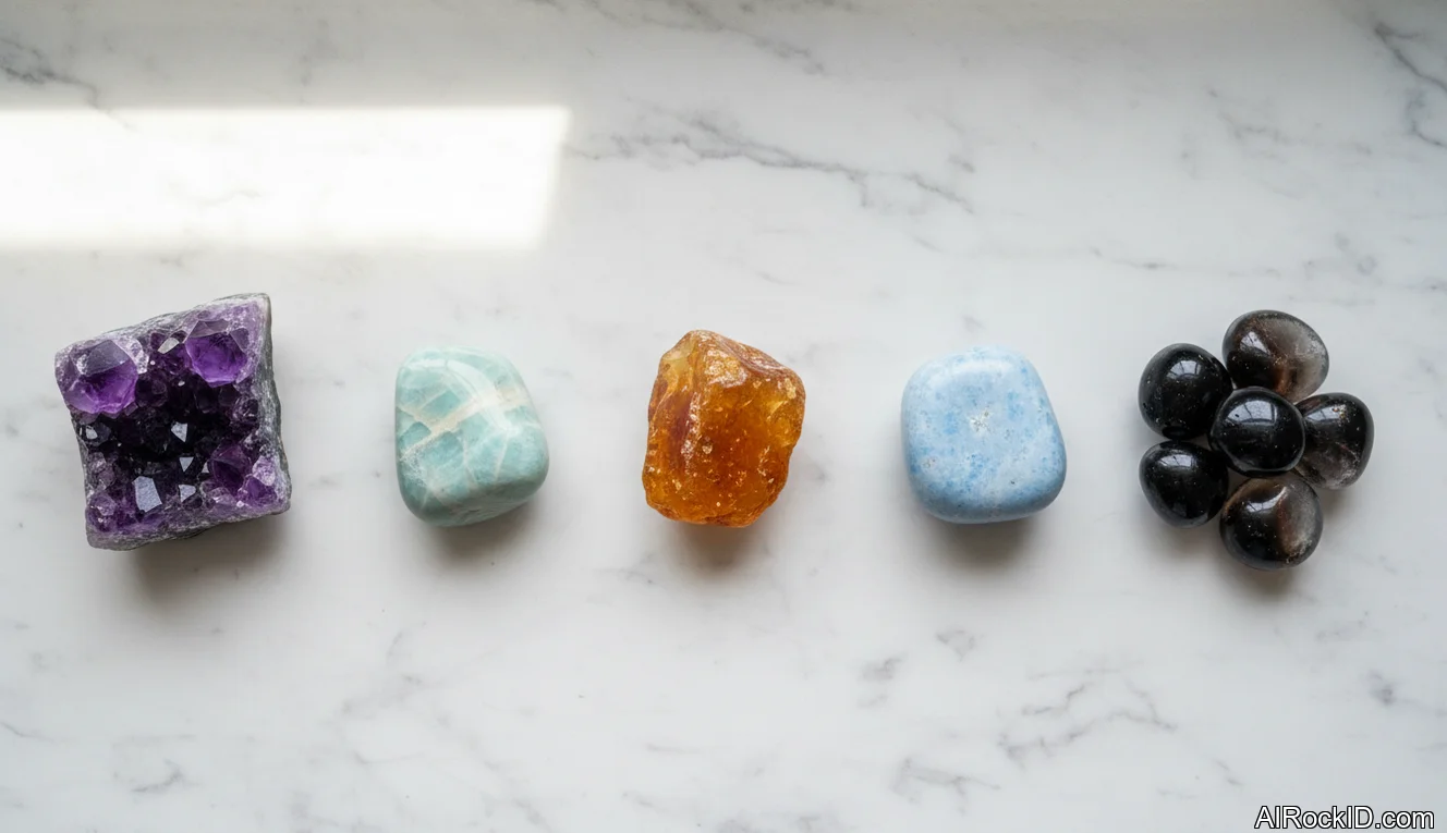 Hand holding a small set of tumbled crystals for emotional healing, including amethyst, amazonite, and amber