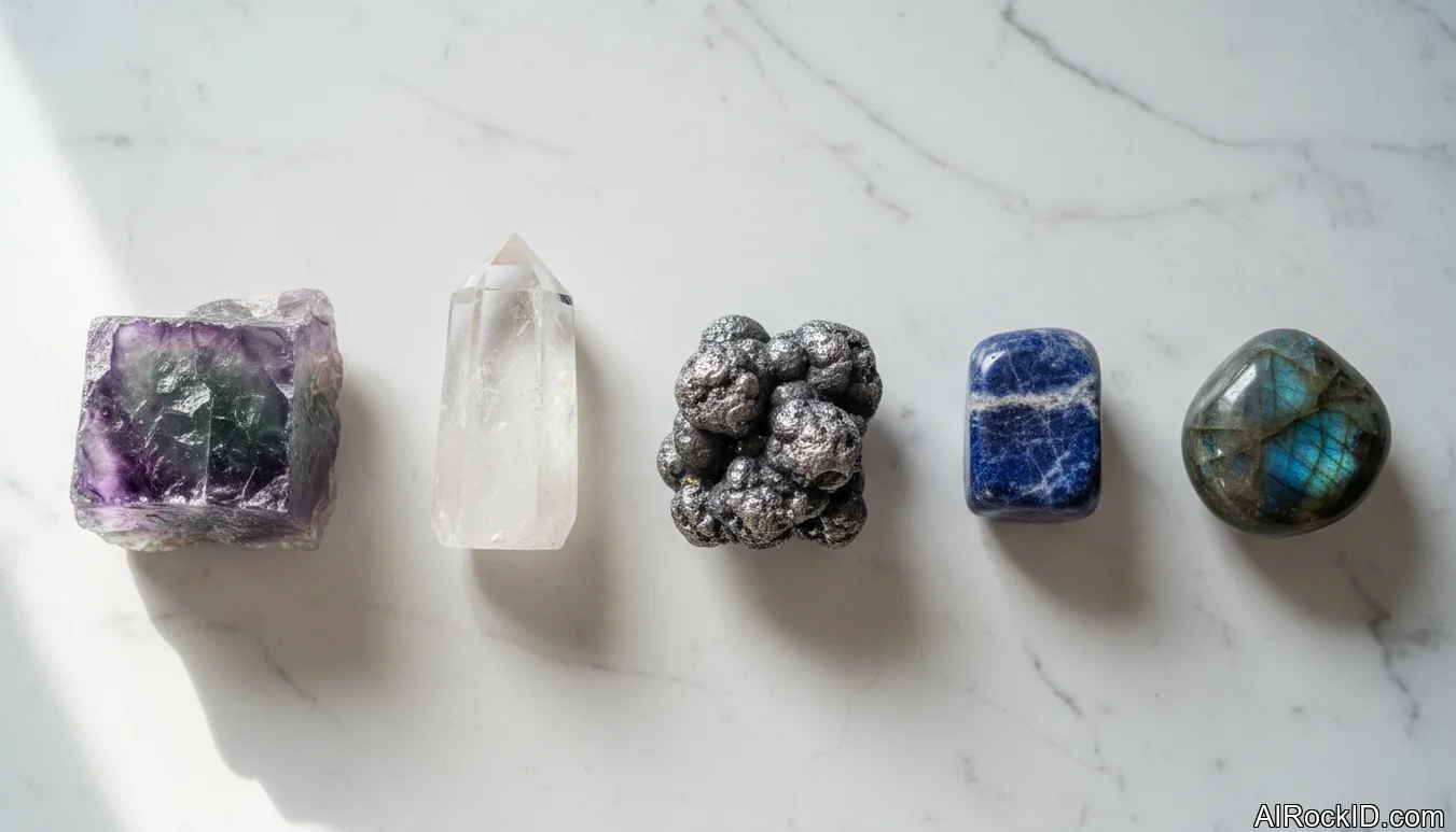 Assorted focus crystals on a desk beside a notebook and pencil, including fluorite, clear quartz, hematite, and labradorite