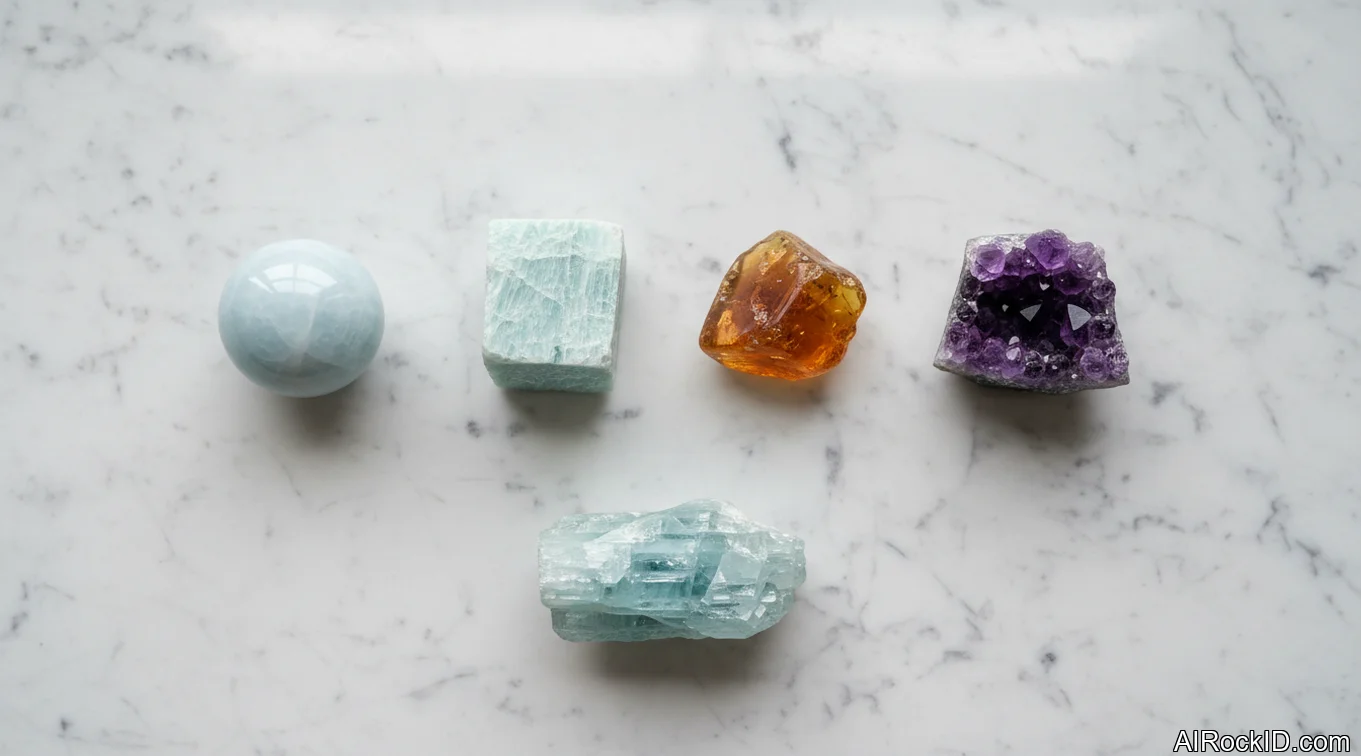 Assorted tumbled and raw crystals in soft light, including rose-toned and blue stones used in forgiveness work