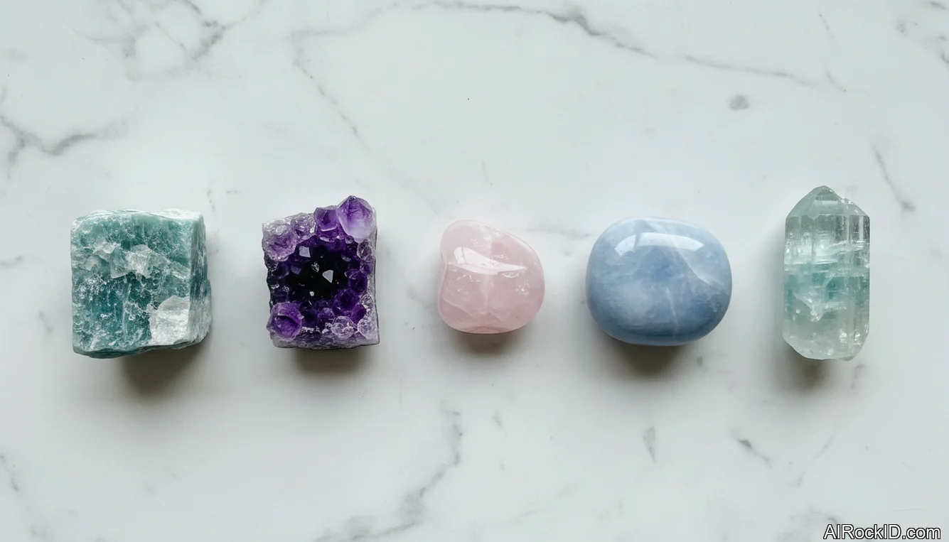 A small group of tumbled amazonite, rose quartz, and amethyst stones arranged beside a handwritten note about friendship