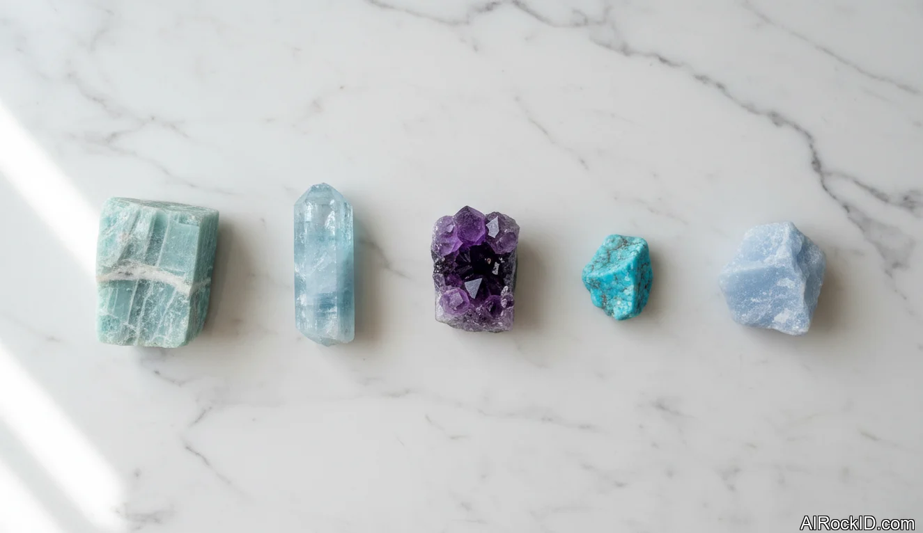 Assorted blue, purple, and golden tumbled crystals and a raw point arranged beside a Gemini zodiac card