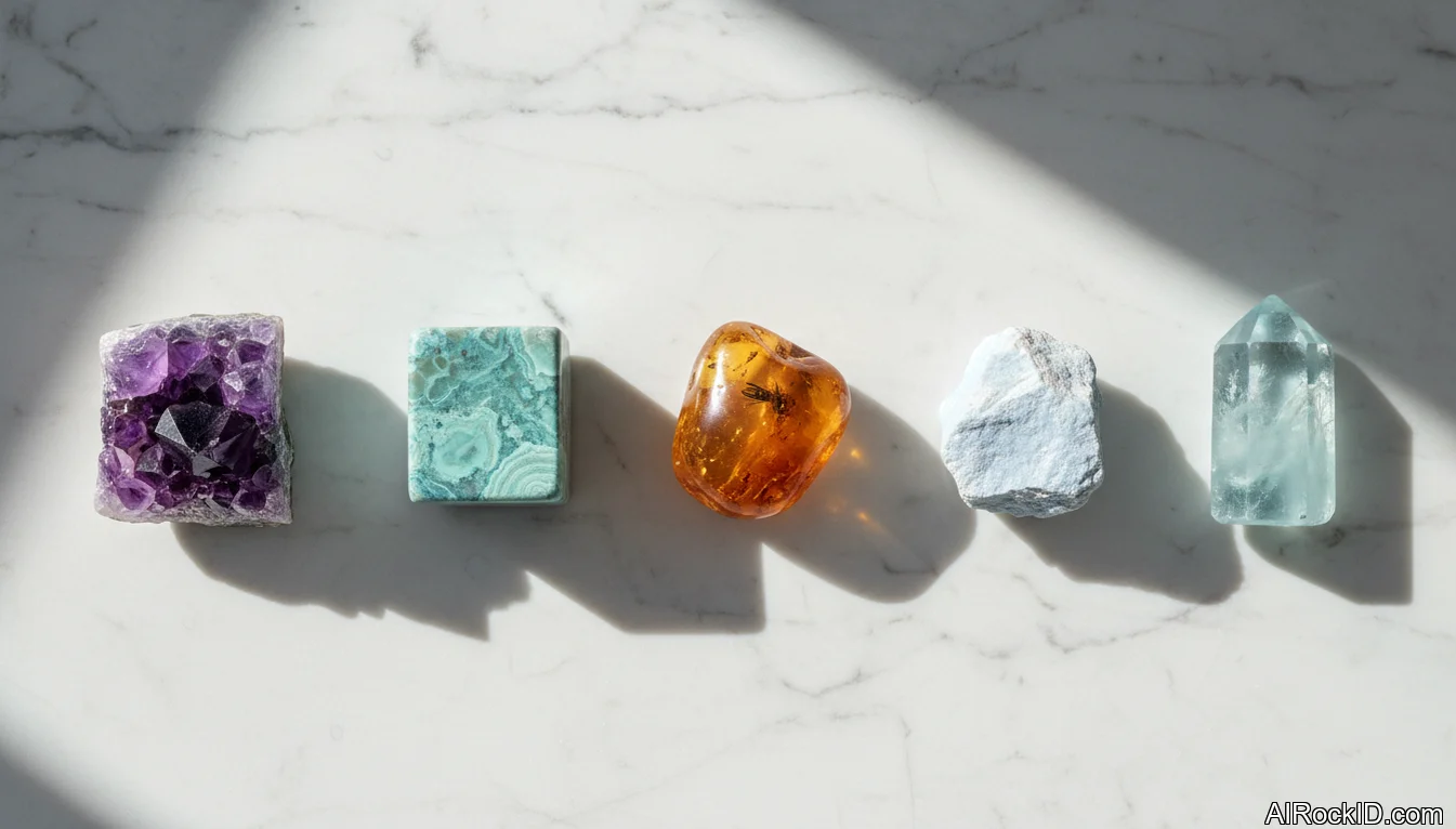 A small lineup of polished and raw healing crystals on a wooden table with soft window light