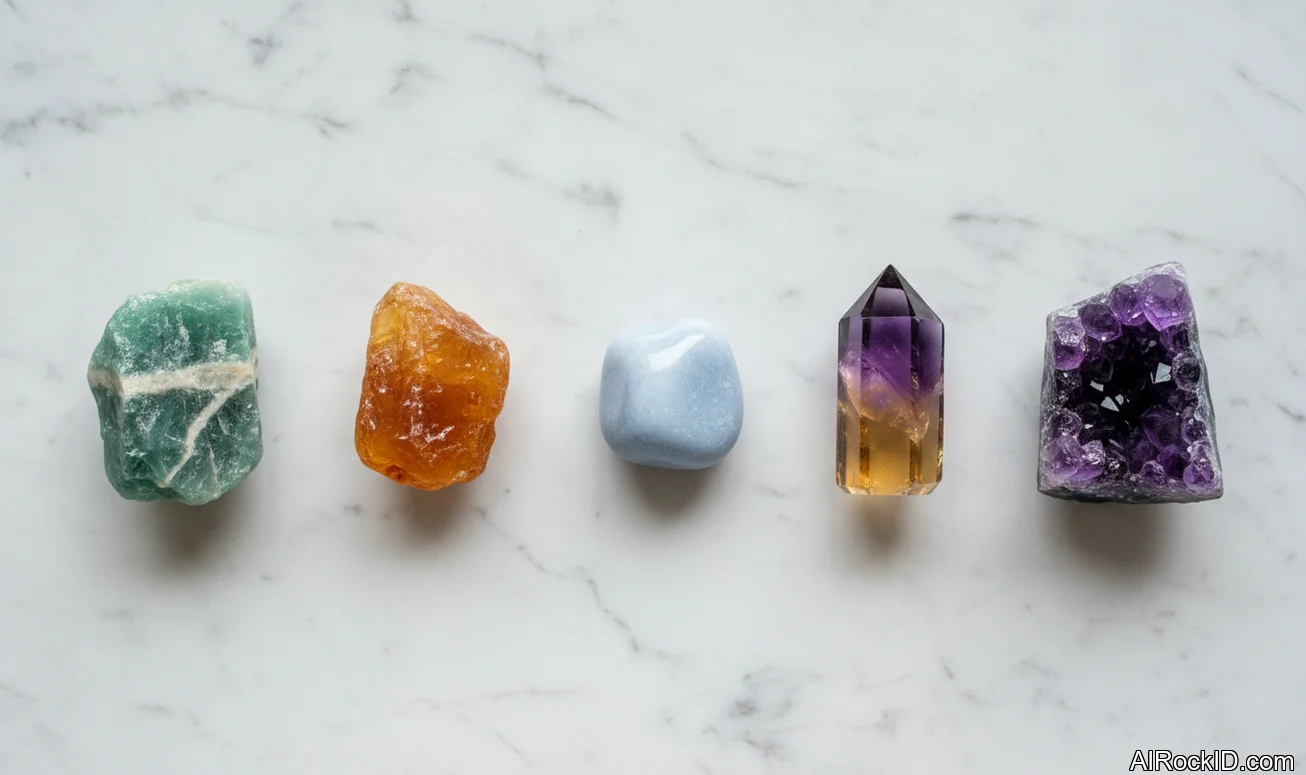 Hand holding a mix of pink and green tumbled stones and a pale blue amazonite on a wooden table