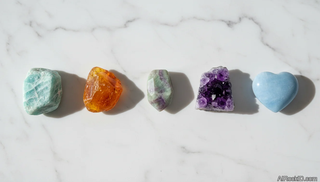 Hand holding a mix of pink and green heart-healing crystals including rose quartz, amazonite, and amber in soft natural light