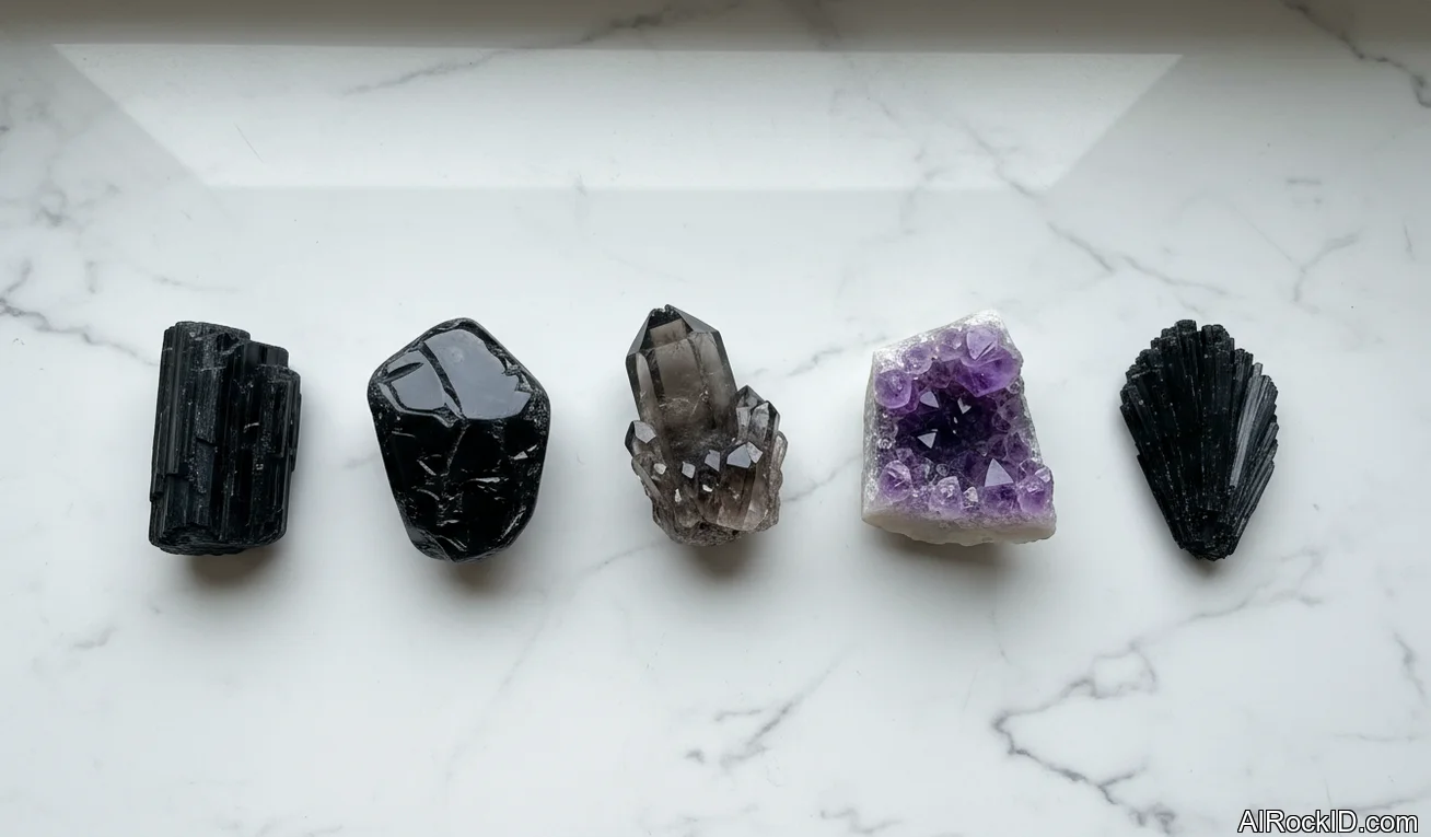 A small set of protective crystals on a wooden entry table near a front door, including black stones and purple amethyst