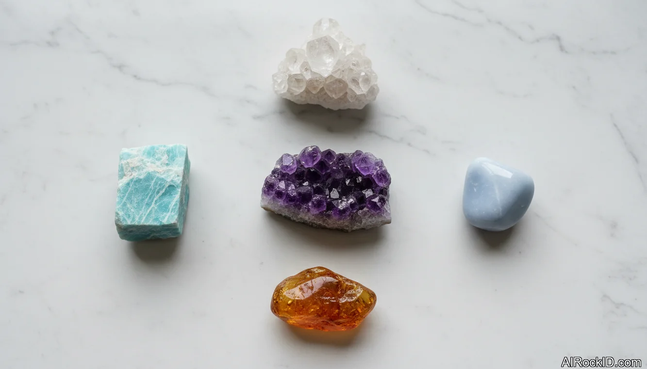 A small group of home-friendly crystals on a wooden shelf near a window: amethyst, amazonite, amber, and black tourmaline