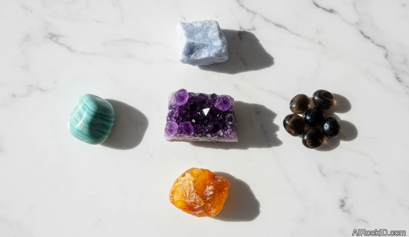 A small selection of calming stones including amethyst, amazonite, angelite, and amber on a neutral cloth with soft window light