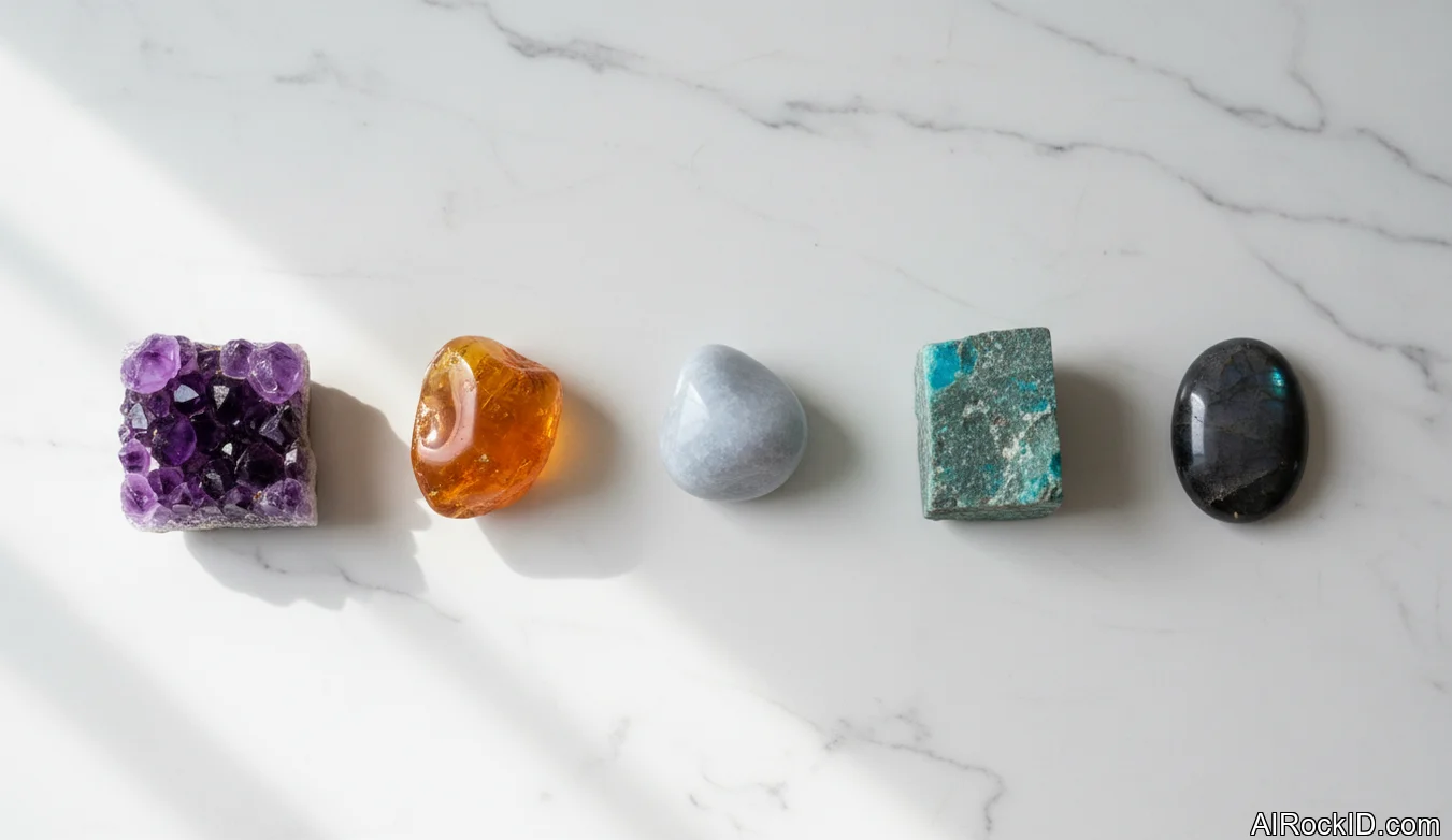 Small collection of amethyst, amber, angelite, amazonite, and black moonstone arranged on a bedside table under warm lamp light