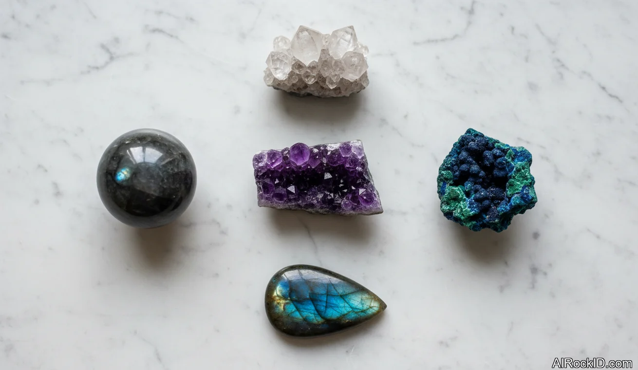 A small lineup of intuition-focused crystals including amethyst, black moonstone, labradorite, azurite, and clear apophyllite points on a wooden tray