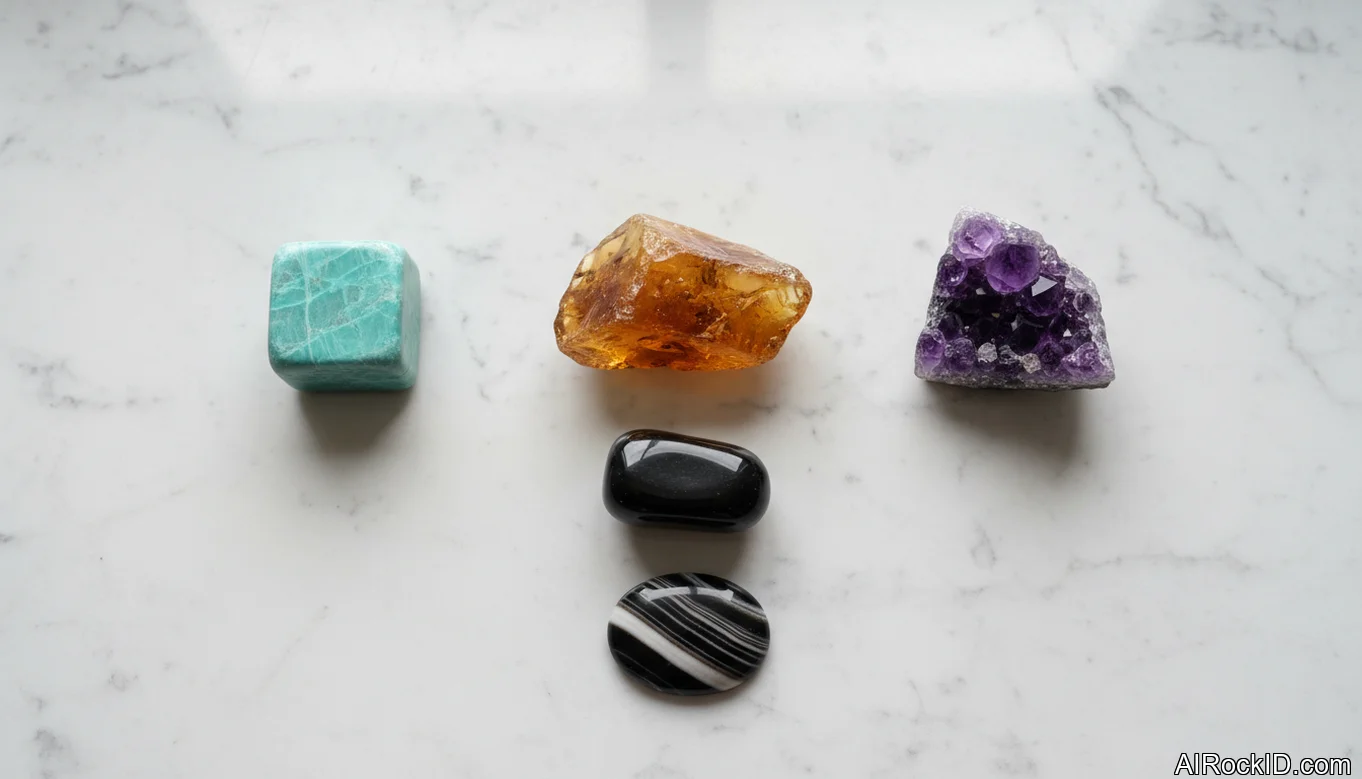 Assorted warm-toned crystals for Leo including amber, amazonite, amethyst, and black onyx on a neutral background