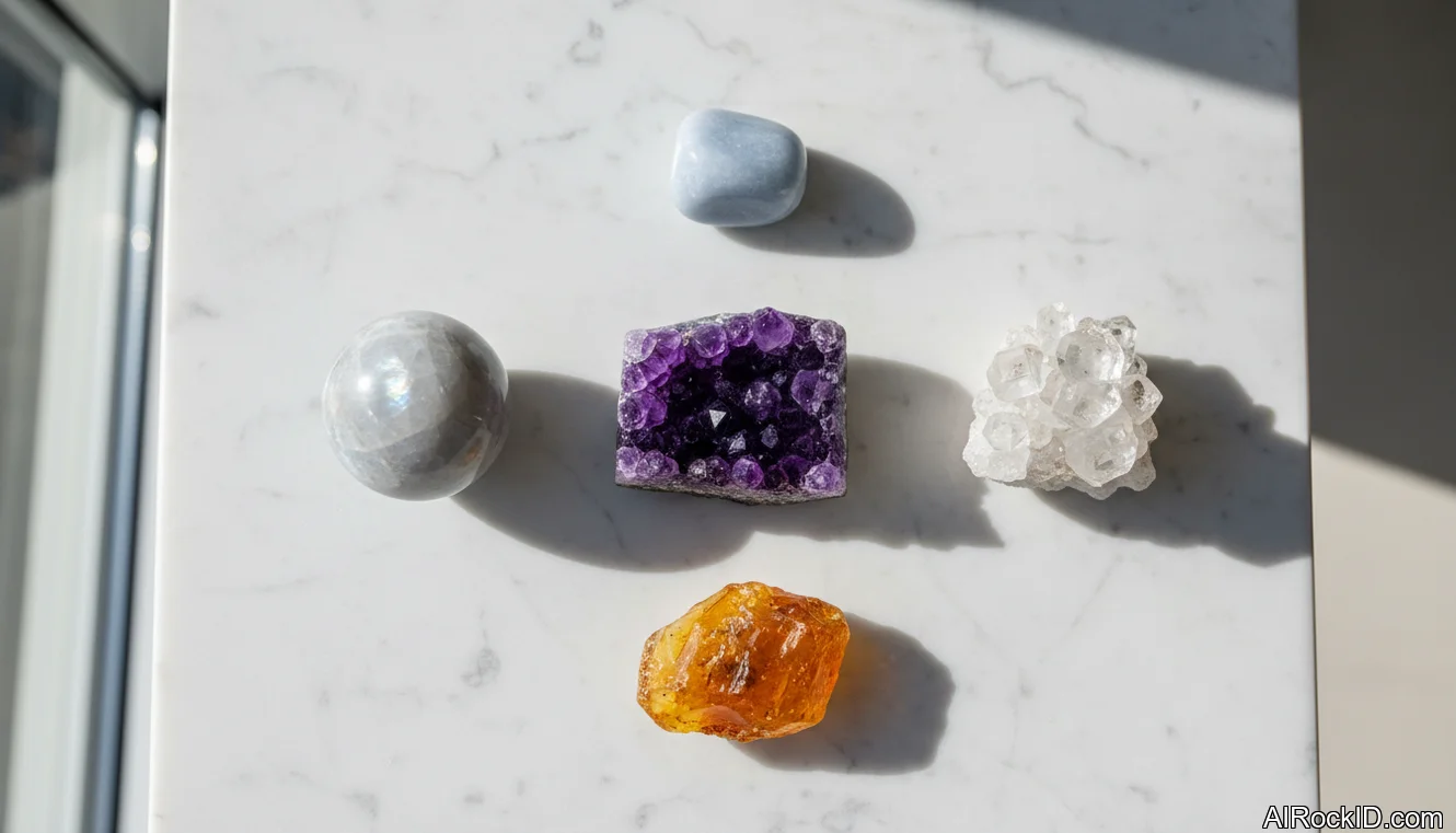 Amethyst, moonstone, and apophyllite crystals arranged on a bedside table next to a dream journal