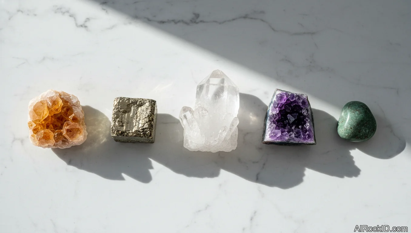 Assorted manifestation crystals including citrine, pyrite, clear quartz, and amazonite on a wooden table