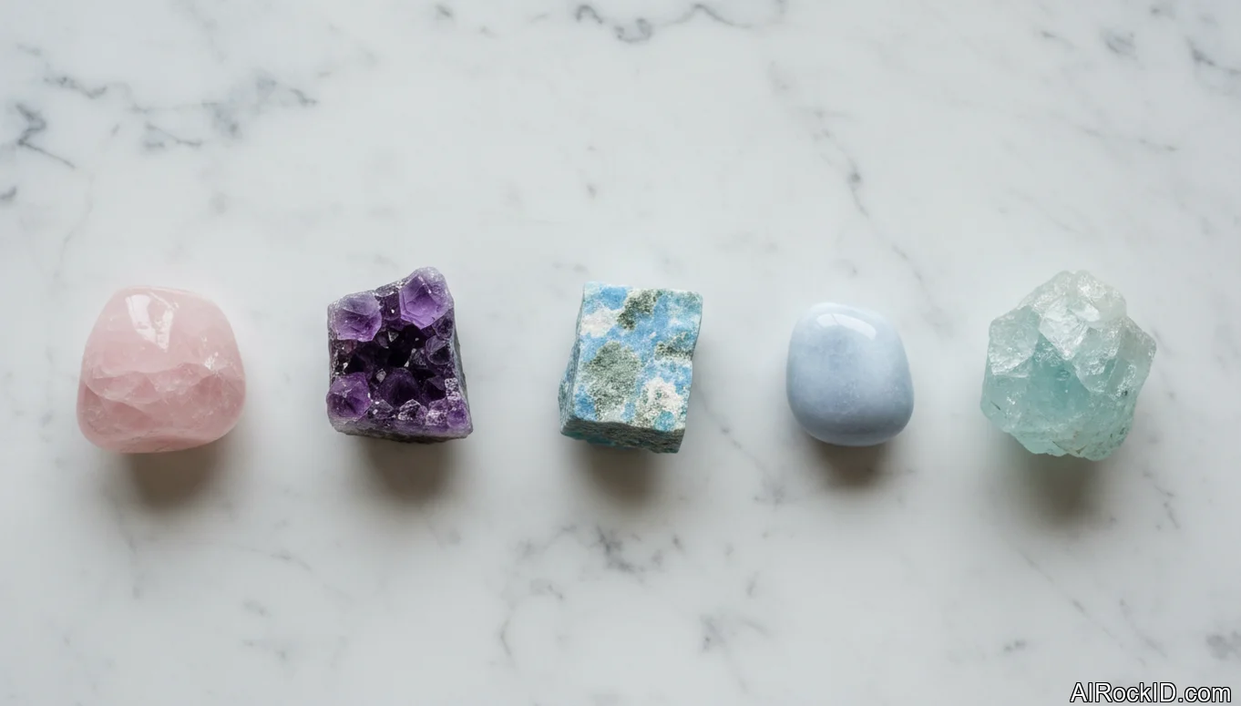 A small set of polished rose quartz, amazonite, amethyst, and amber stones arranged beside two wedding bands on a wooden table