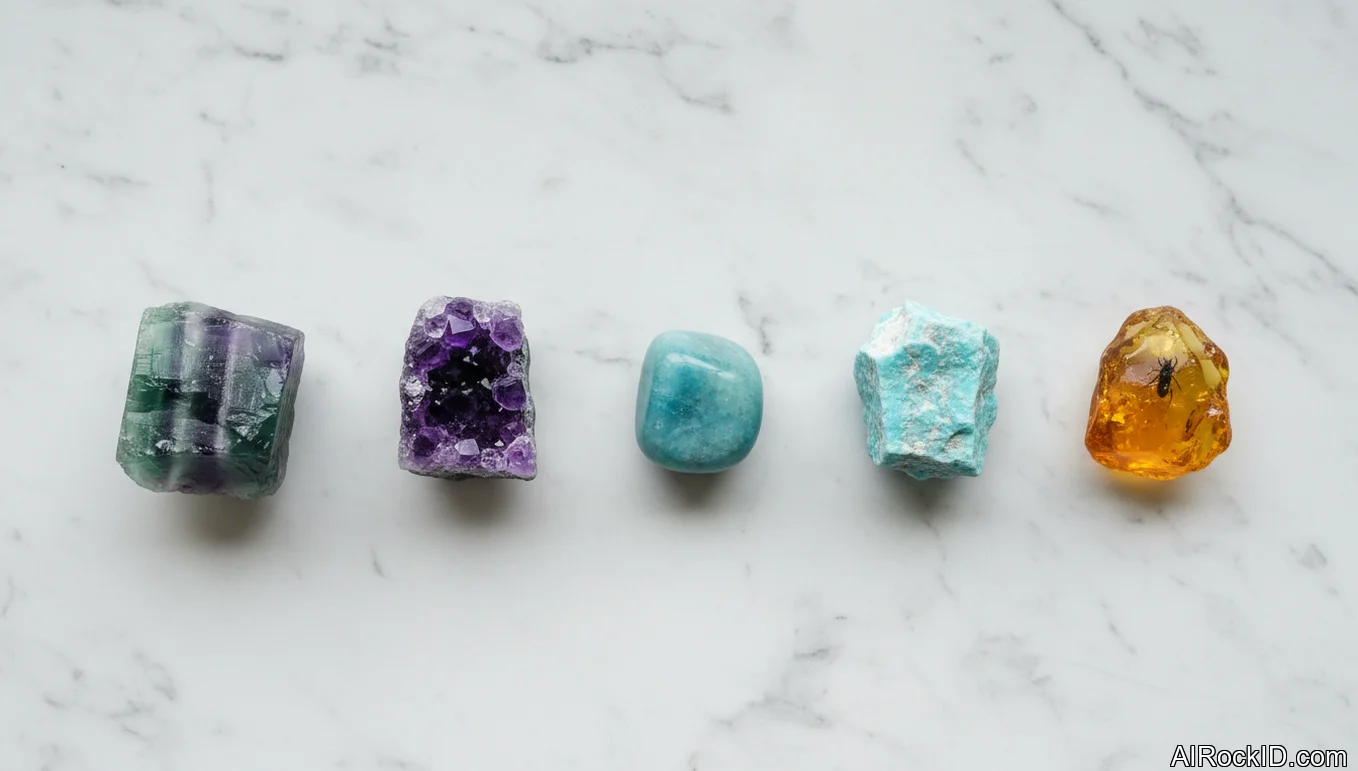 A small set of labeled crystals for memory and study on a wooden desk beside a notebook and pencil