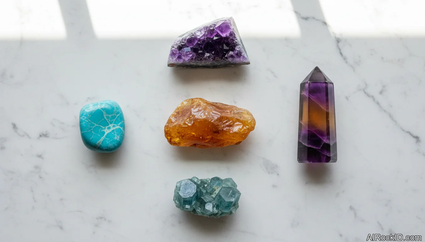 Hand holding a small pile of tumbled stones used for money intentions, including amber, amazonite, amethyst, and black onyx