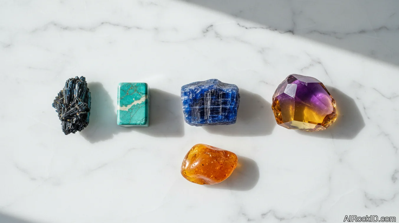 Small set of tumbled and raw crystals for motivation arranged on a wooden desk beside a notebook and pen