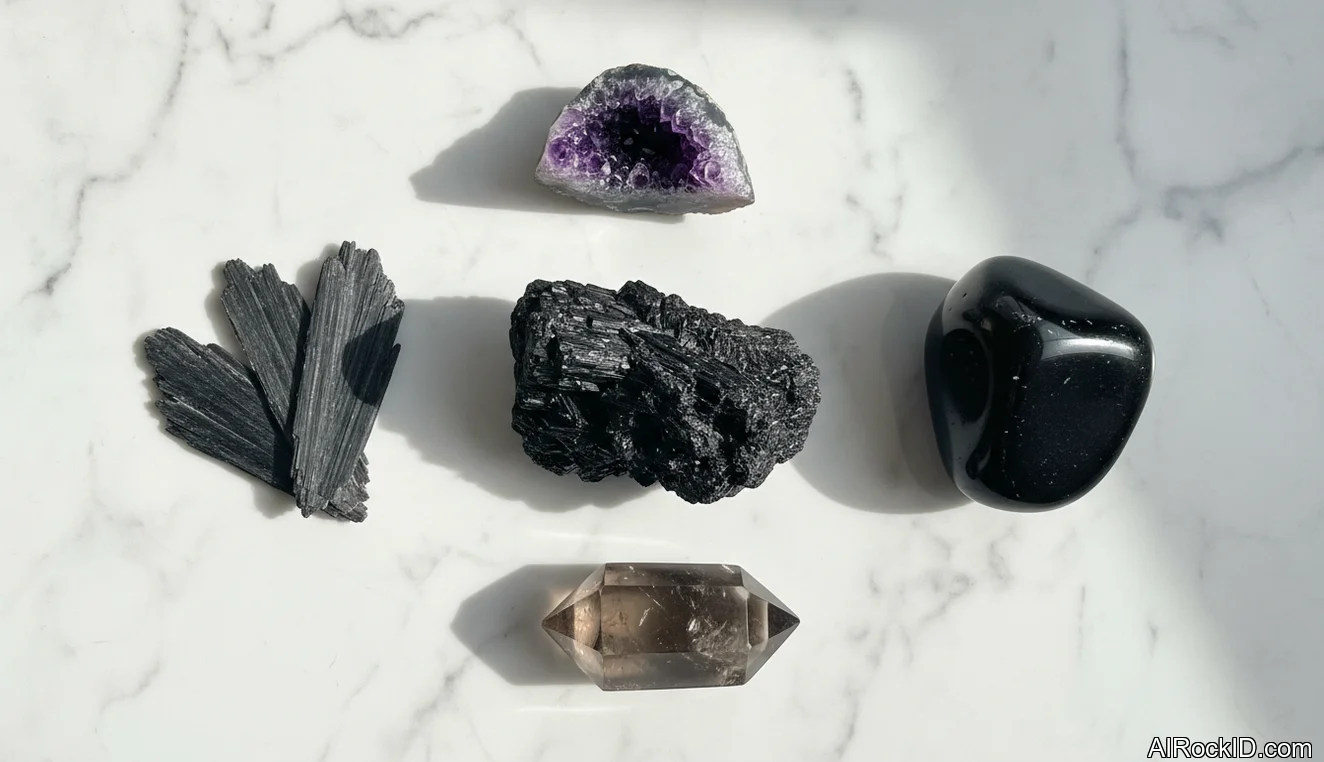 Assorted protective crystals including black tourmaline, obsidian, and smoky quartz on a wooden table