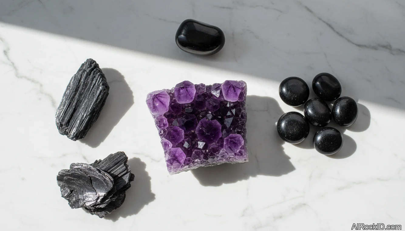 Small protective crystals on a bedside table beside a lamp and journal, ready for nighttime use