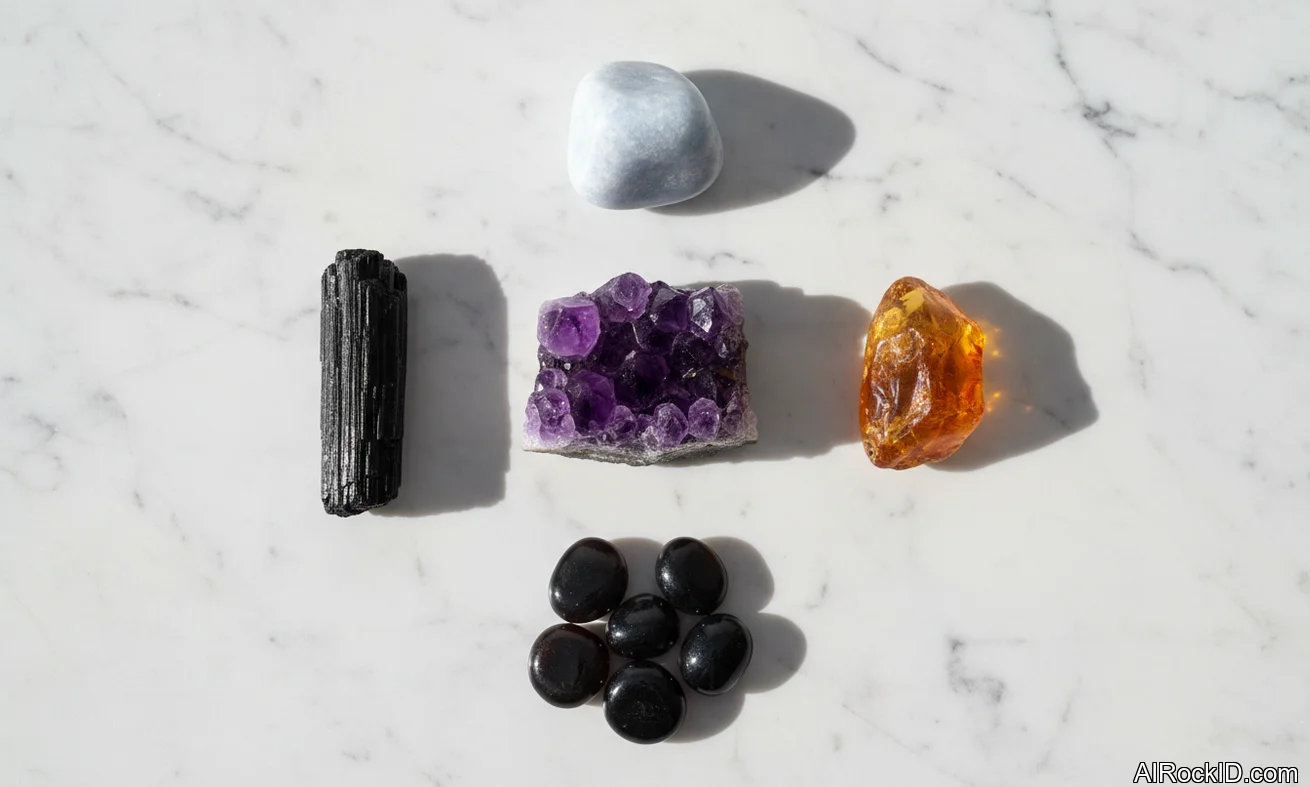 Small sleep crystals on a bedside table beside a glass of water and a book, with soft lamp light
