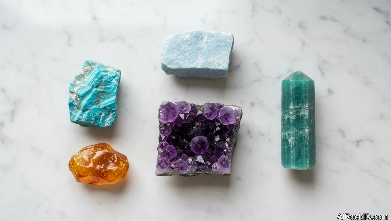 Small office desk with a laptop, notebook, and a few crystals including amethyst, black tourmaline, and amazonite near a plant