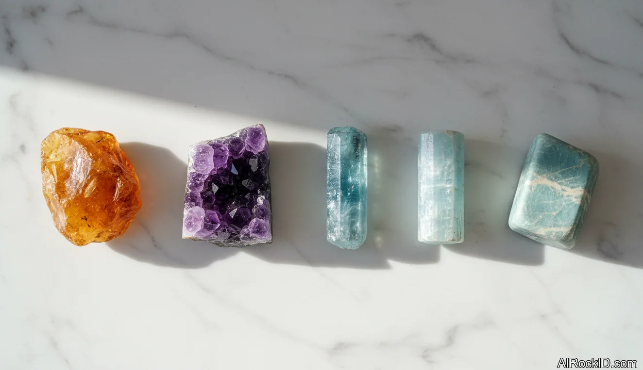 Assorted tumbled and rough crystals for physical healing laid out on a wooden table with a small cloth pouch