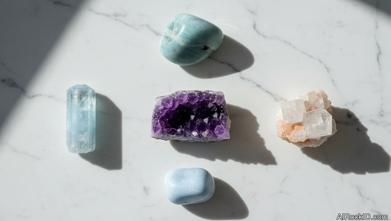 A small set of Pisces-friendly crystals including amethyst, aquamarine, angelite, and black moonstone on a neutral cloth