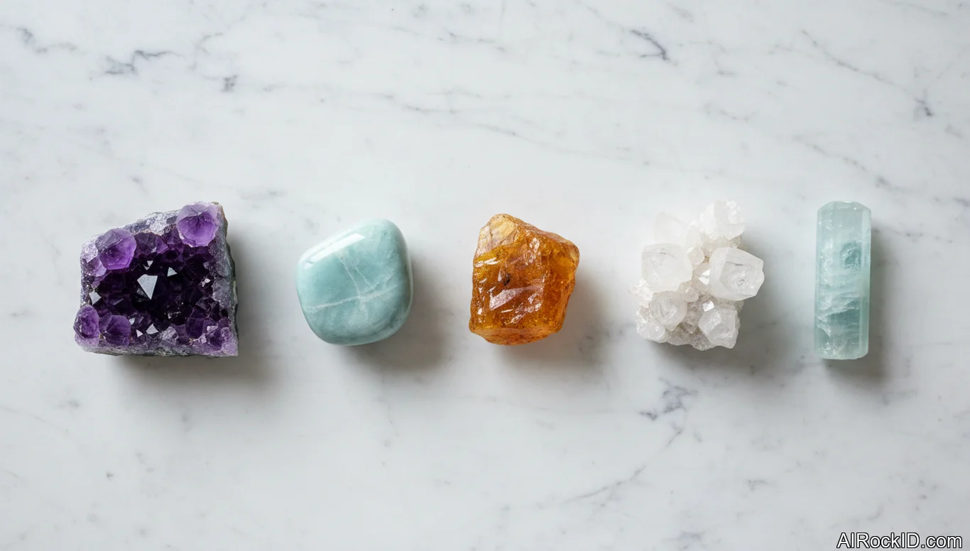 A small lineup of tumbled amethyst, amazonite, amber, apophyllite, aquamarine, black tourmaline, angelite, apatite, and aragonite on a wooden tray