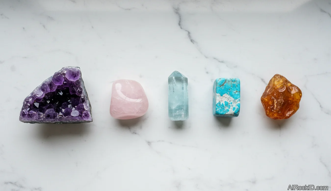 A small selection of polished and raw crystals (rose quartz, amethyst, moonstone, aquamarine) arranged beside a pregnancy journal