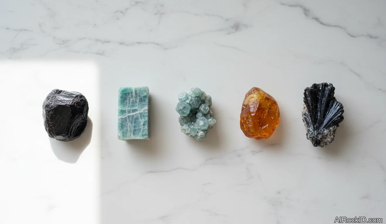 A small set of tumbled and raw crystals on a desk beside a notebook and pen, arranged for a productivity setup